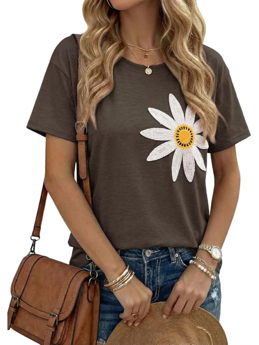 Women's Brown Crew-neck Short Sleeve Flower Embroidery Drop Shoulder Top